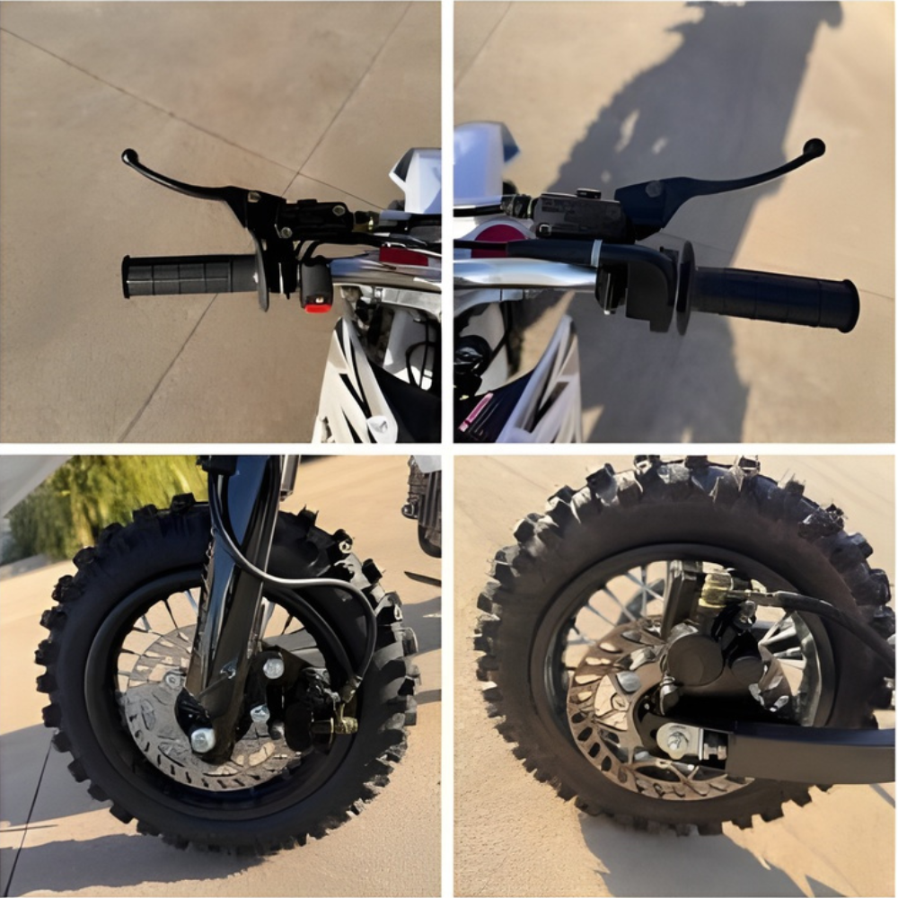Close-up of a motorcycle's handlebar, front wheel, and suspension on a concrete surface.