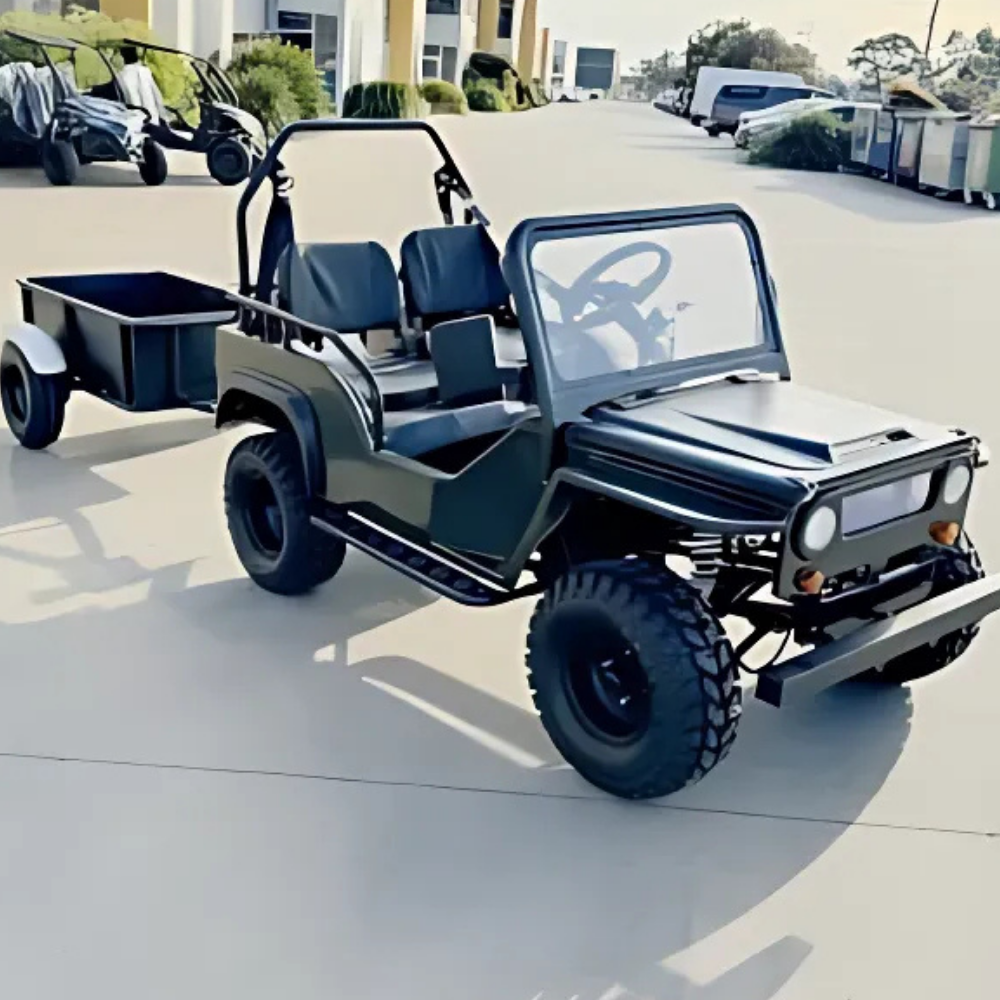 Black off-road vehicle with a trailer on a concrete surface