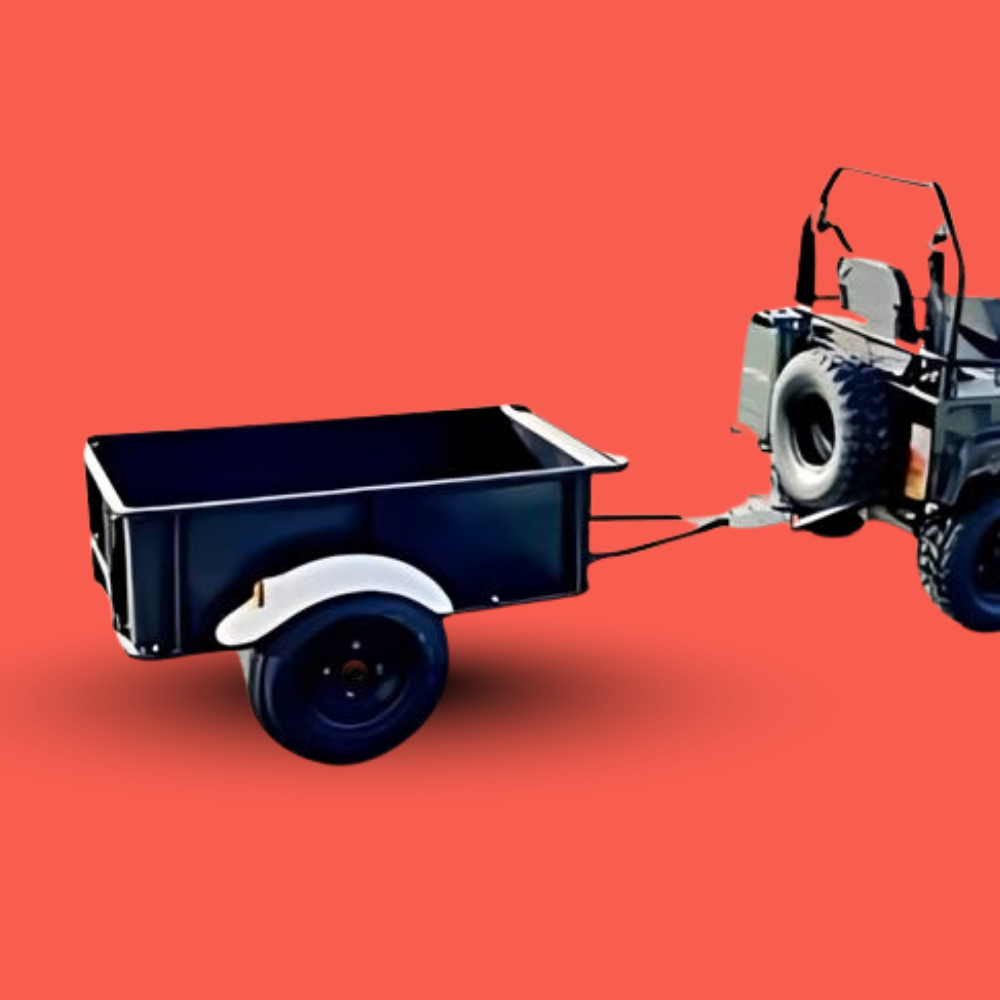 Small off-road vehicle pulling a black trailer on a red background