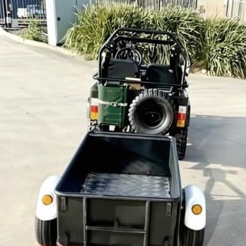 Small off-road vehicle with an open cargo area on a paved road.