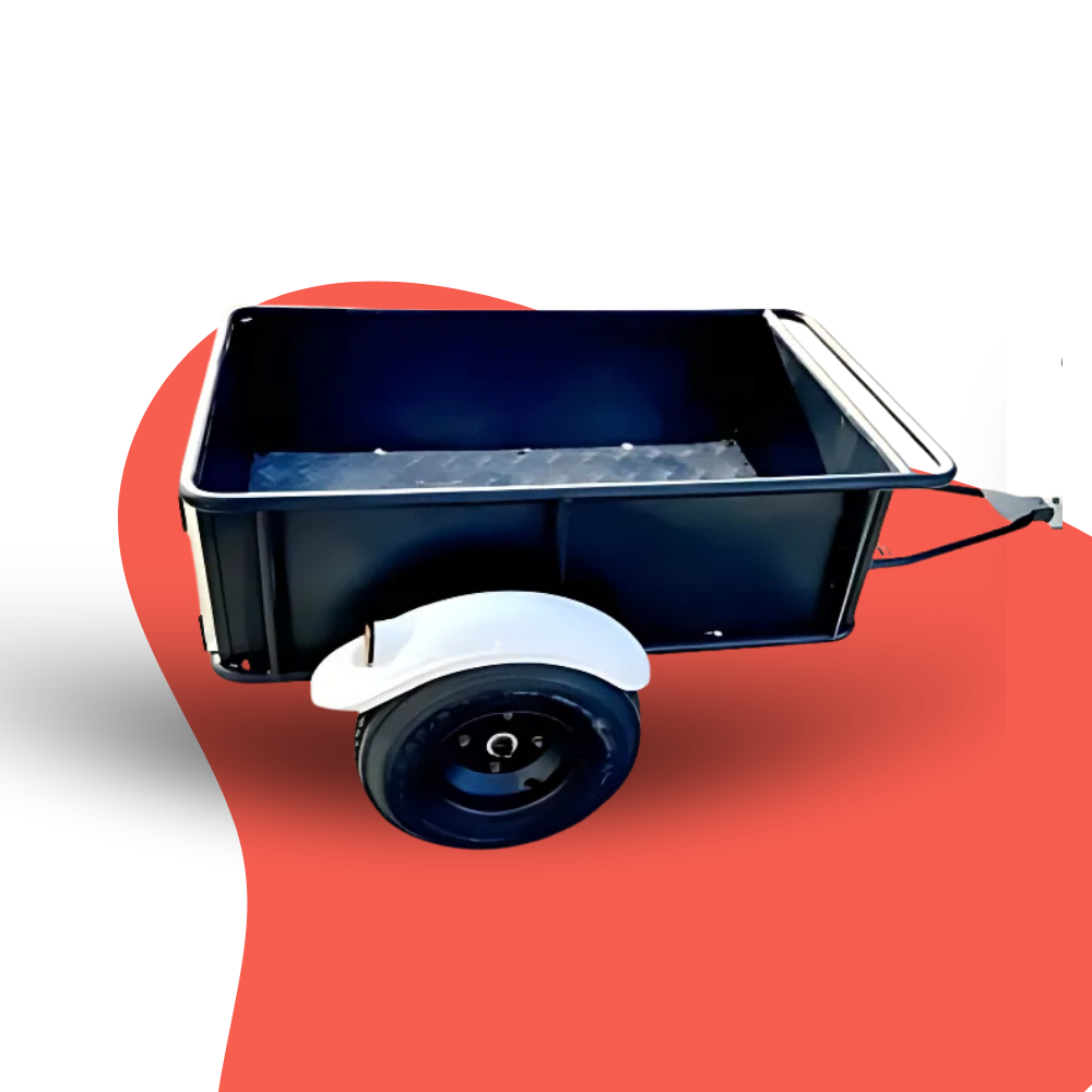 Black metal cart with a single wheel on a red background