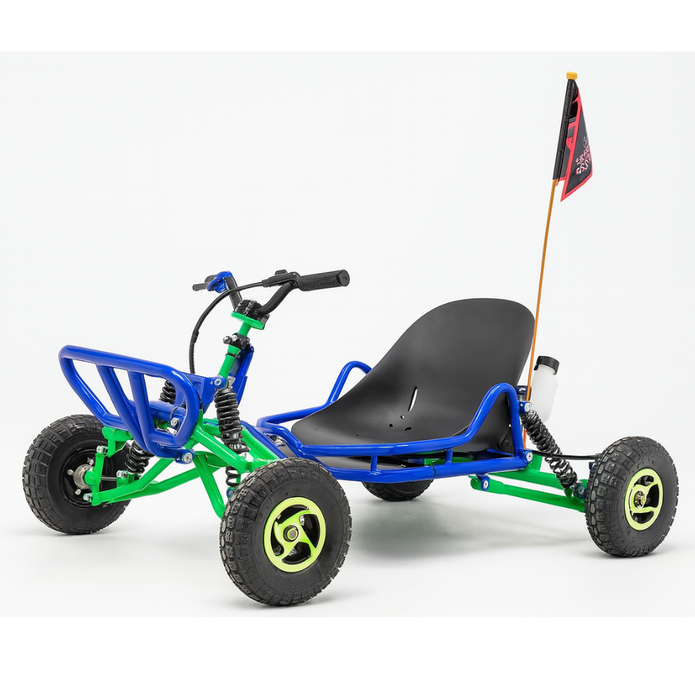 Kids off-road pedal go-kart in blue and green with a black seat and safety flag, displayed on a white background.