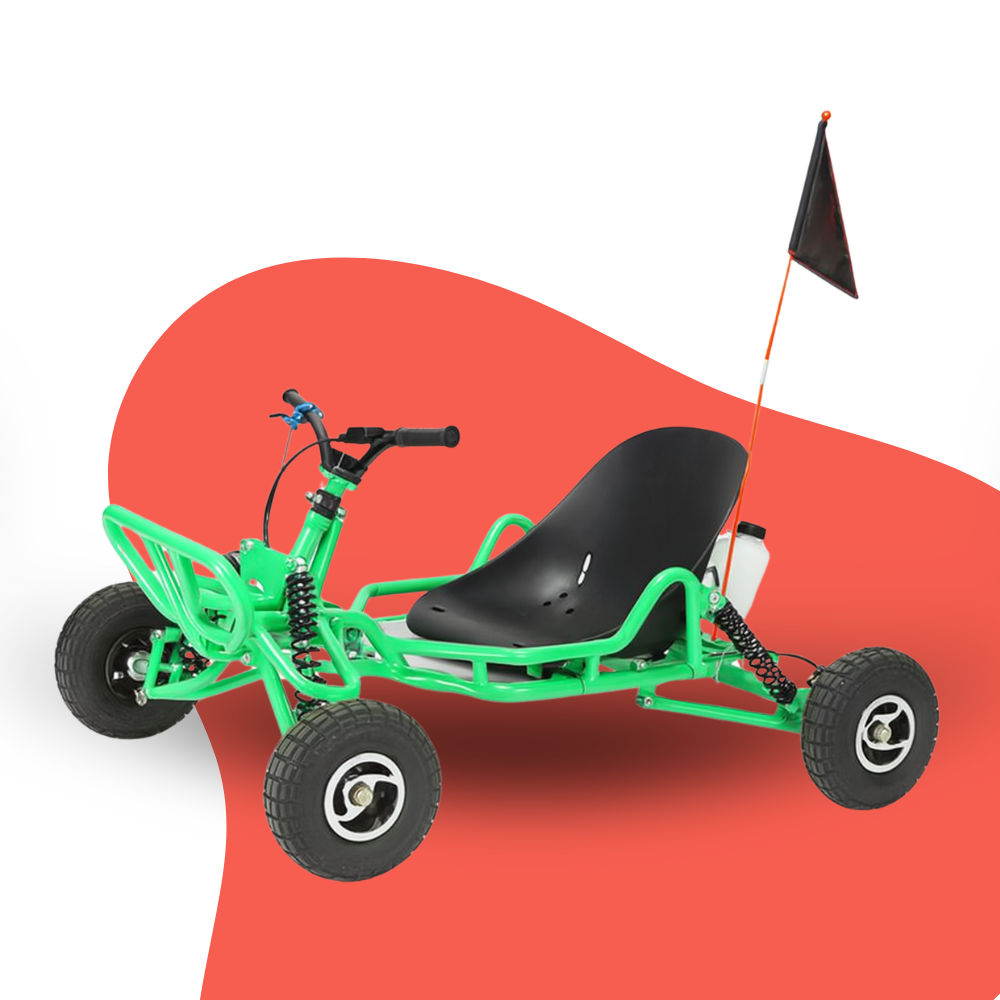 Kids off-road pedal go-kart in green with a black seat and safety flag, displayed on a white background.