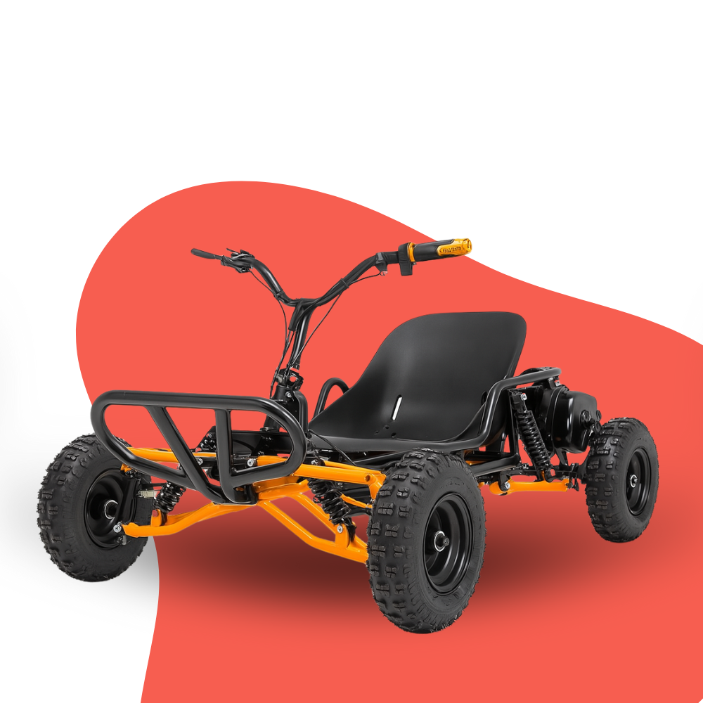kids off-road pedal go-kart with black seat and flag, shown on a red and white graphic background.