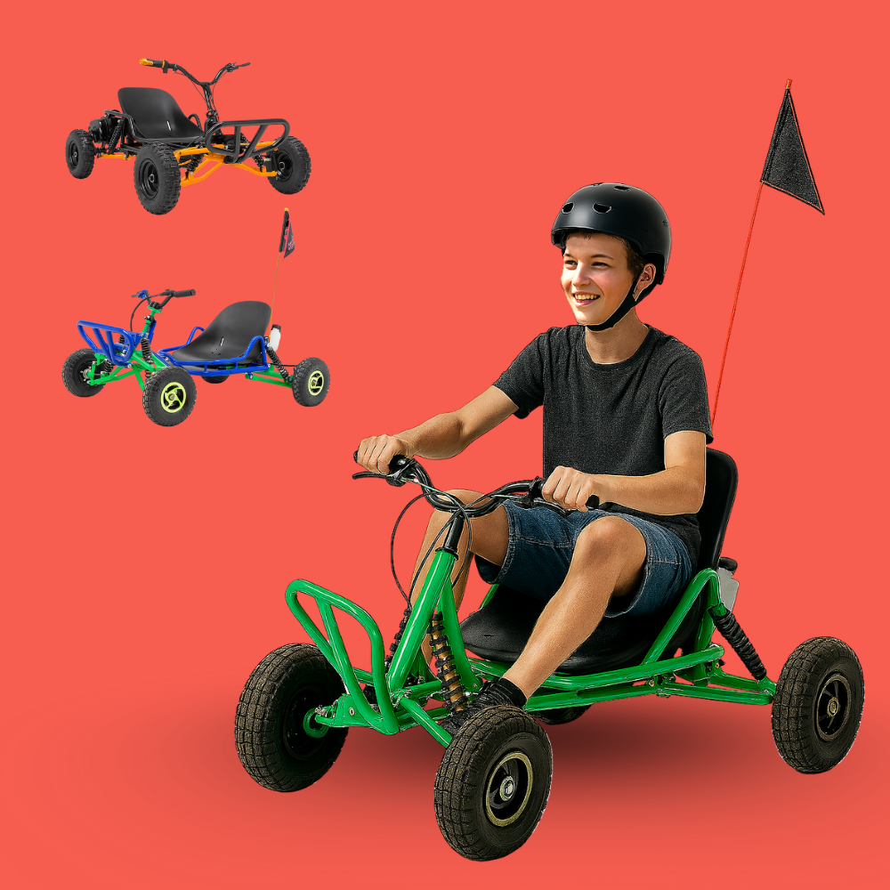 Happy teen riding a blue and green pedal go-kart with a smaller inset image of the other go karts variants.