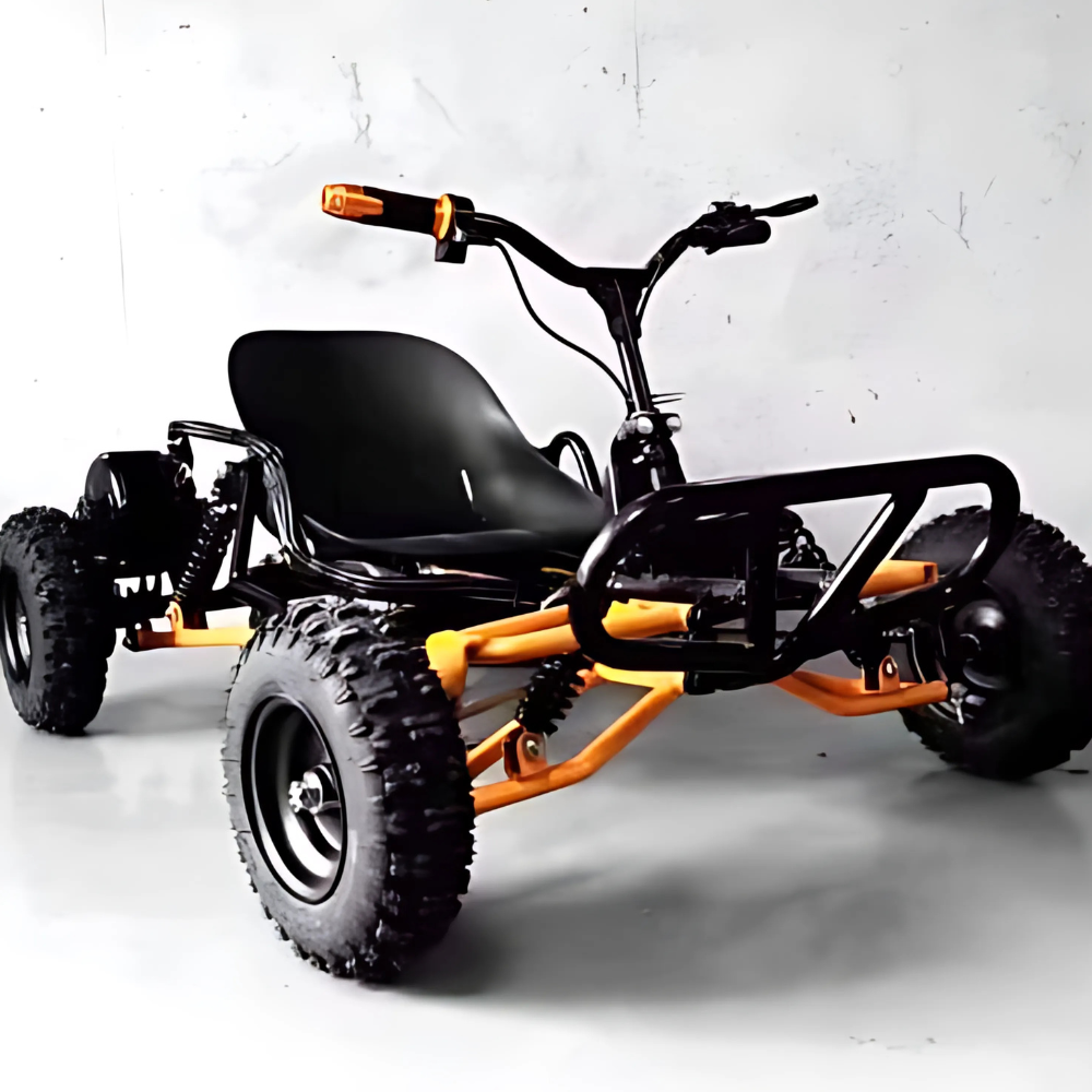 kids off-road pedal go-kart with black seat and flag, shown on a red and white graphic background.