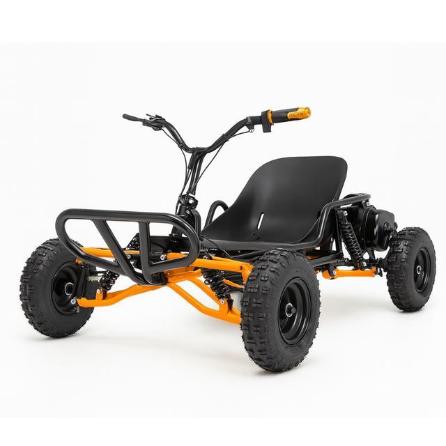 kids off-road pedal go-kart with black seat and flag, shown on a red and white graphic background.