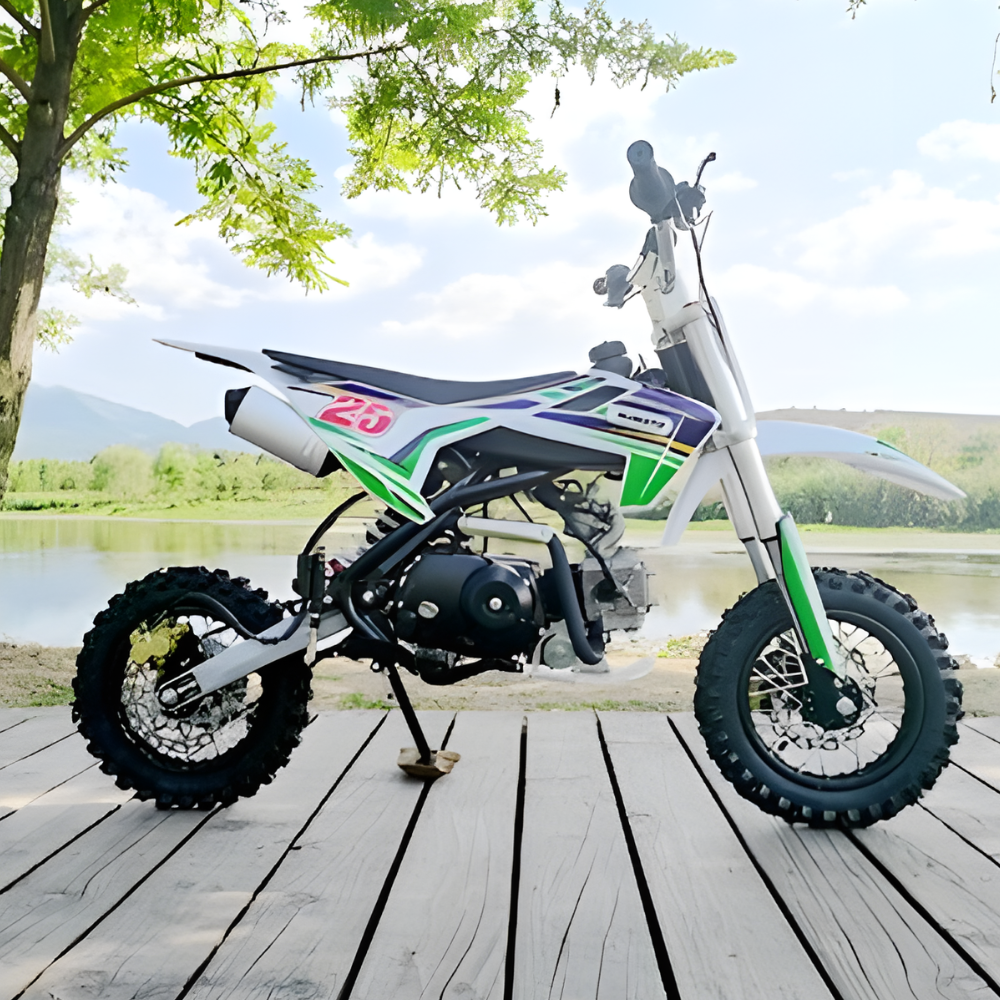 Small dirt bike on a wooden deck with a scenic background