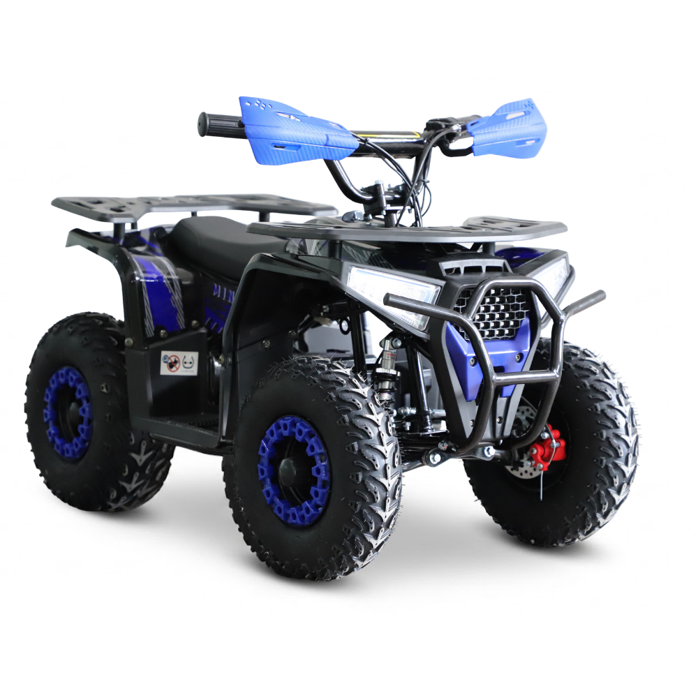 Black and blue ATV on a white background