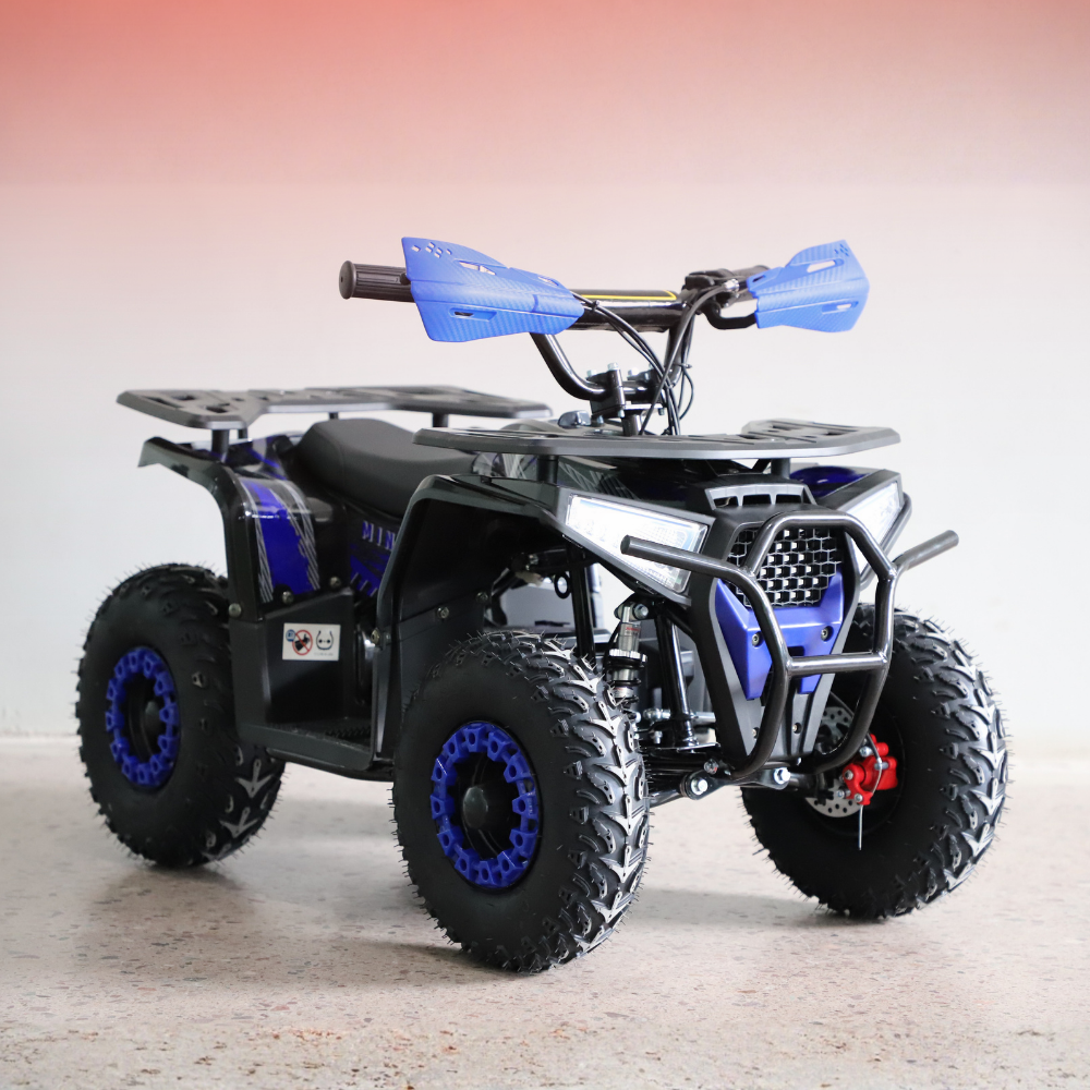 Black and blue ATV on a light gray background