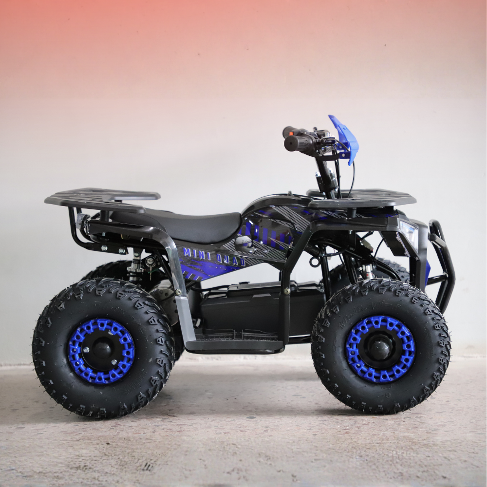 Black and blue ATV on a wooden floor with a gradient background