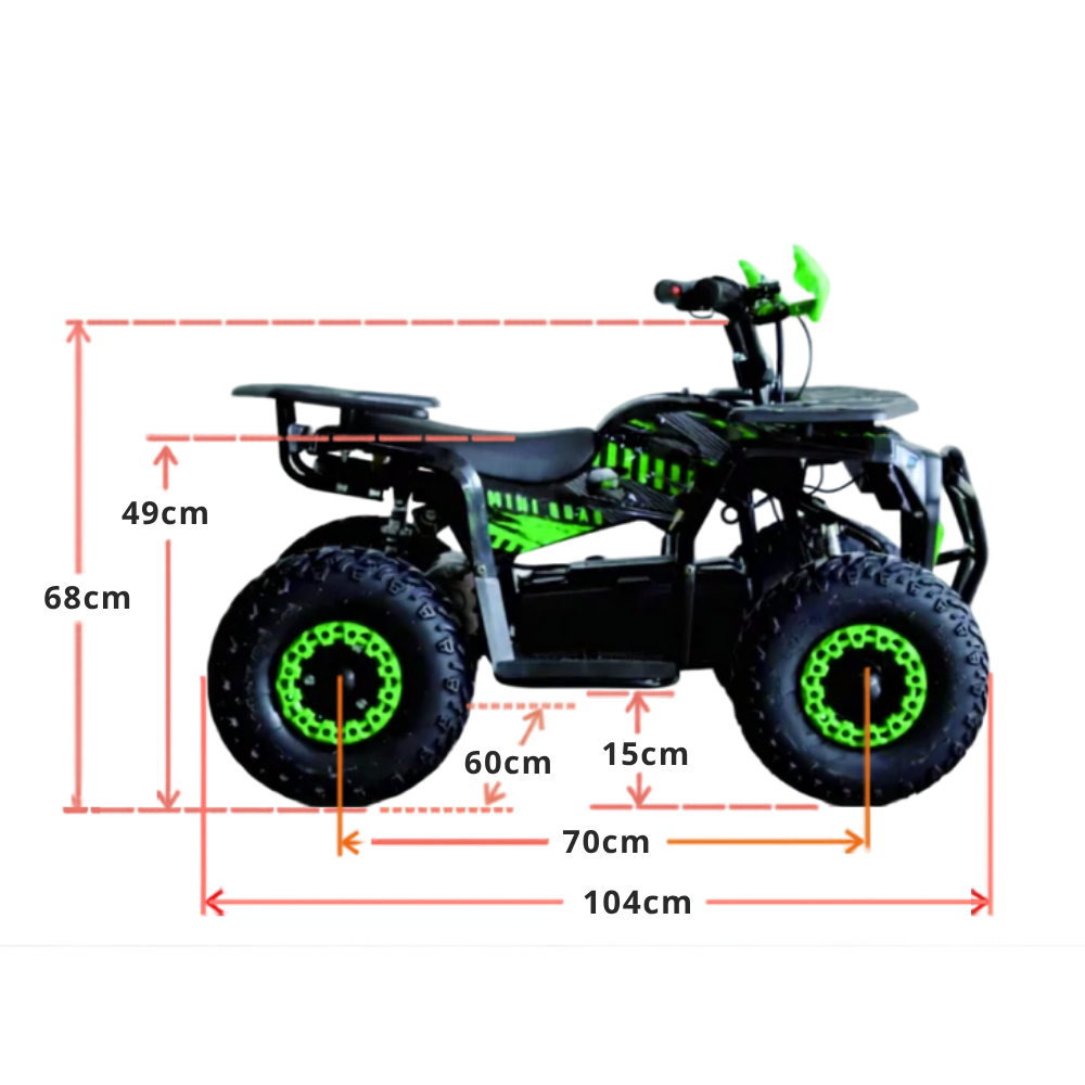 Children's ATV with green accents and dimensions labeled on a white background