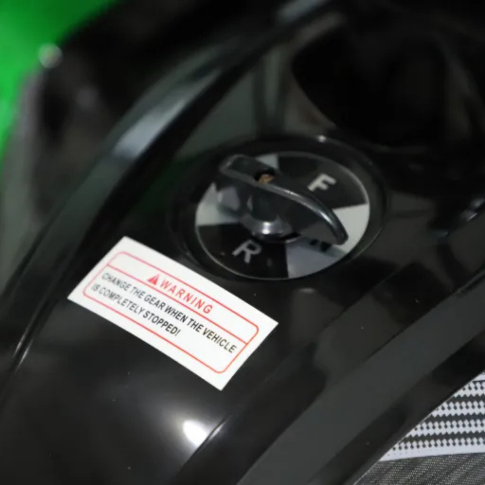 Gear shift lever with warning label on a vehicle interior