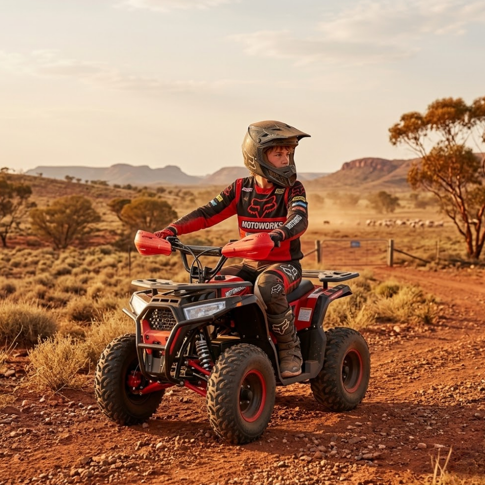 Person riding a red ATV in a desert landscape with mountains in the background