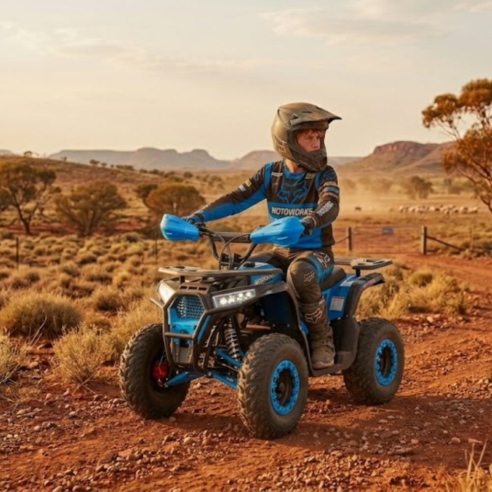 Person riding a blue ATV in a desert landscape with mountains in the background