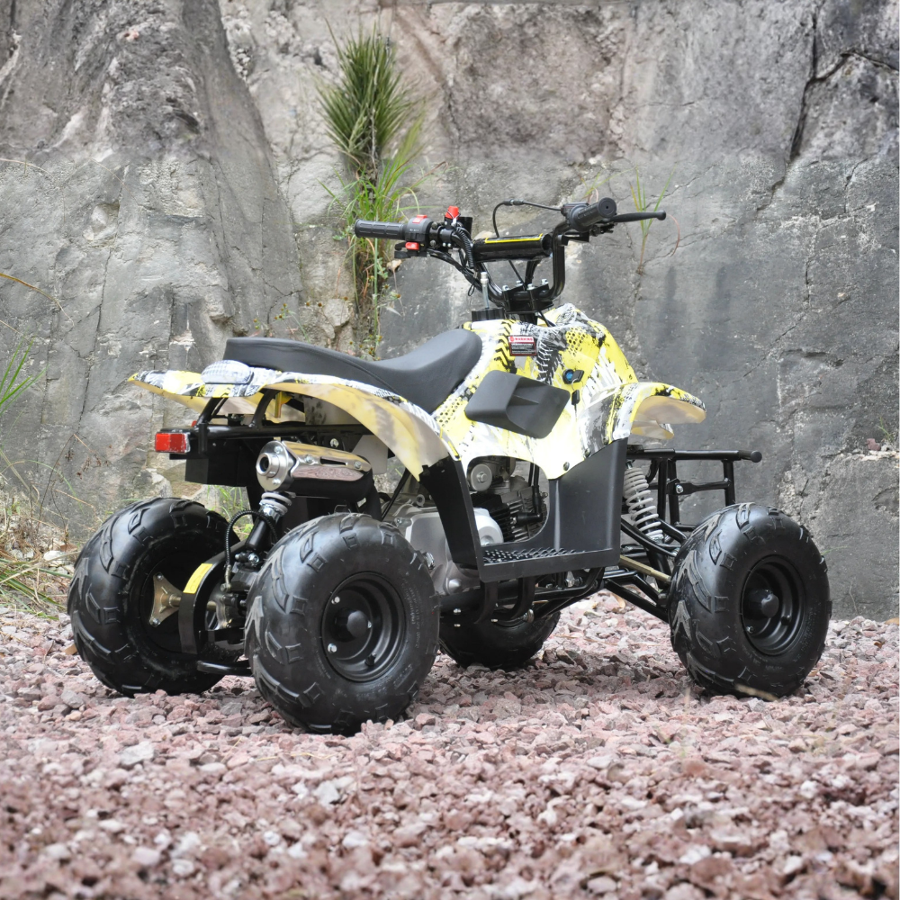 Rear side view of Motoworks 110cc Petrol-Powered Sports F1 Kids Quad Bike - Yellow