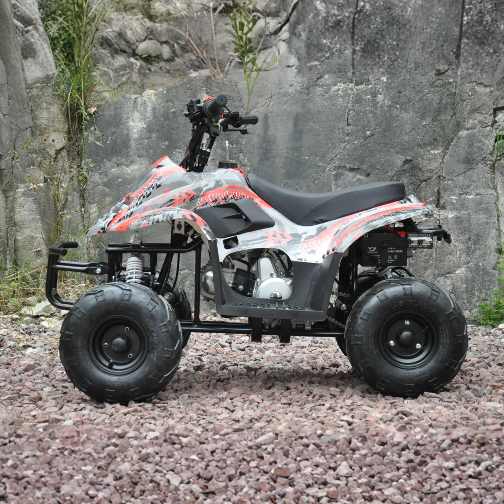 Side view of Motoworks 110cc Petrol-Powered Sports F1 Kids Quad Bike - Red