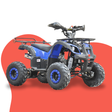 Blue and black kids quad bike on a red abstract background, shown from a front-left angle