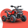 Red quad bike side and rear view, shown on red background at a three-quarter angle.