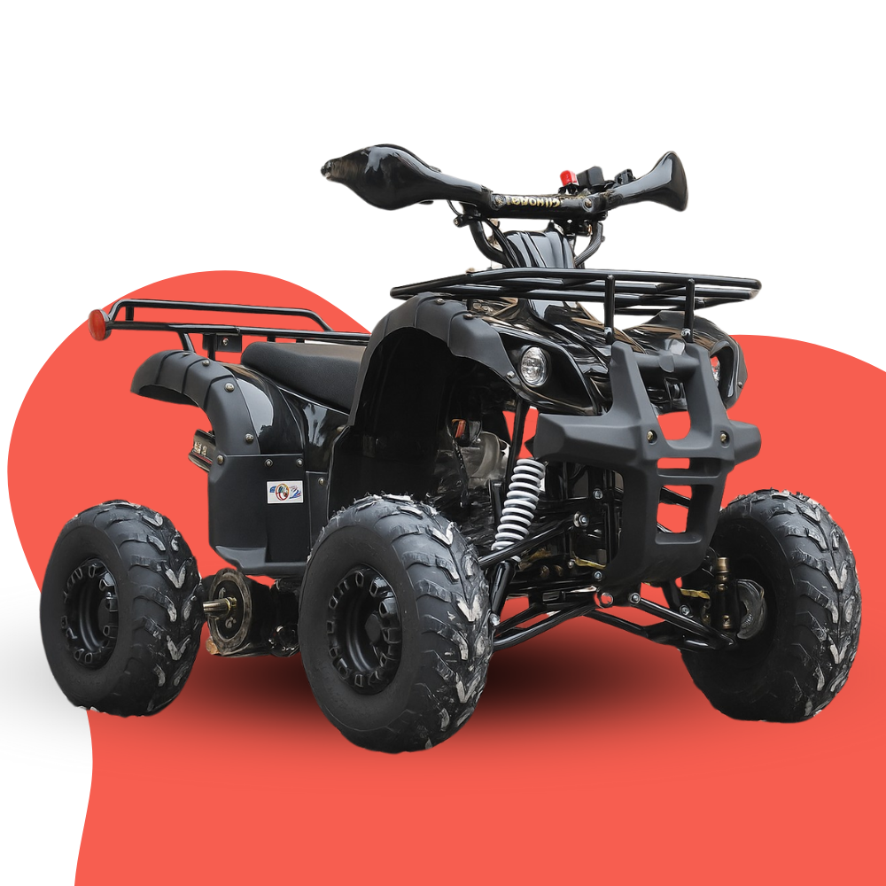black kids quad bike on a red abstract background, shown from a front-left angle.
