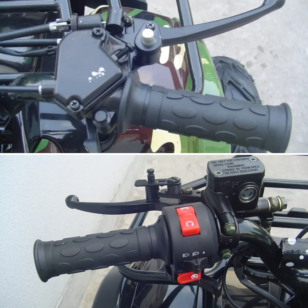 Handlebars with throttle lever, brake lever, and throttle limiter screw.
