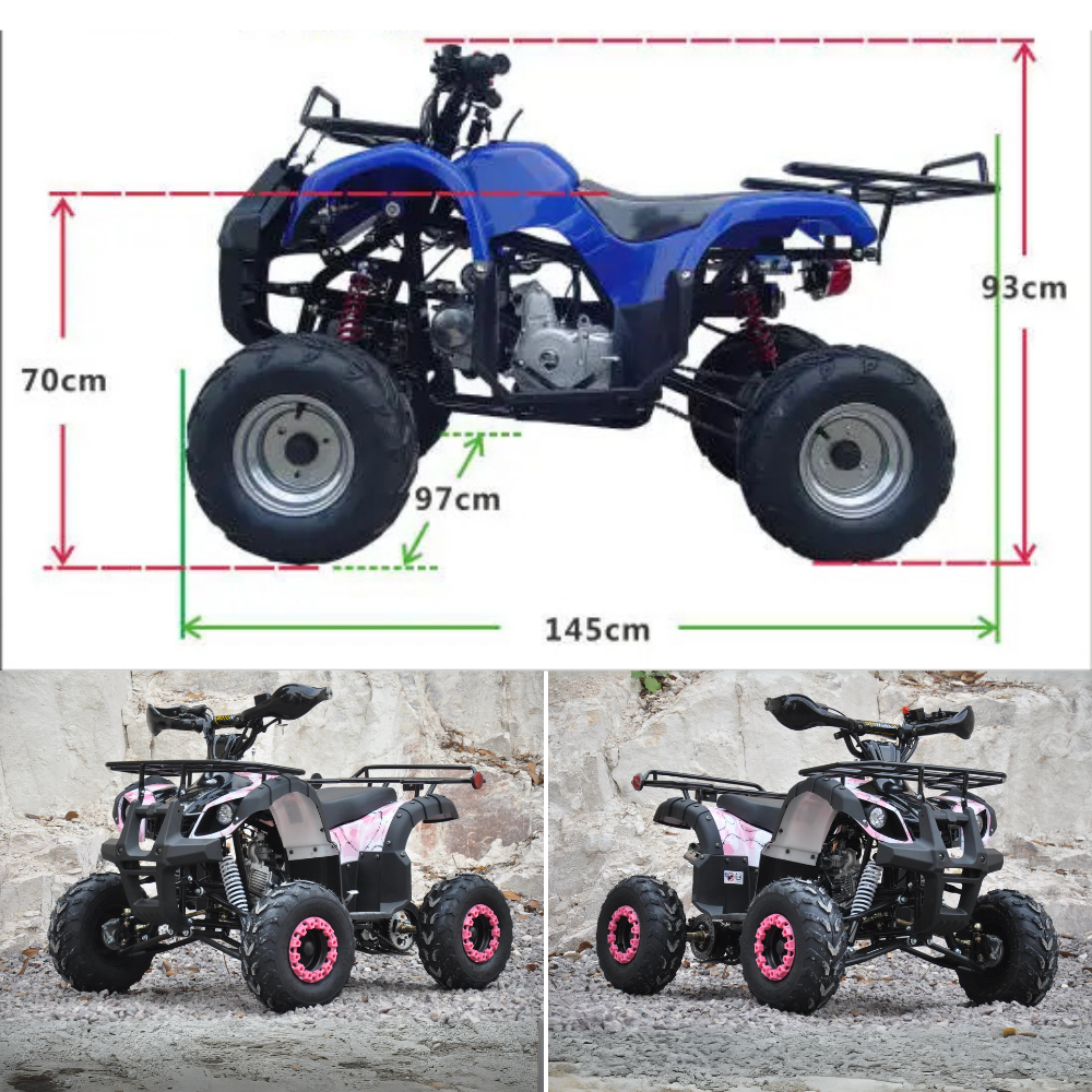 Measurement overlay showing width, length, and height of a blue quad bike model.