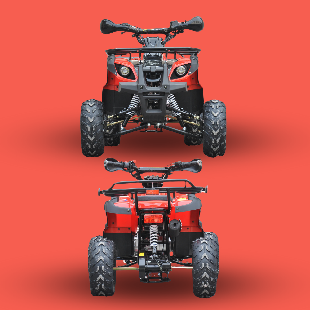 Front and rear view comparison, red quad bike on red background for symmetry reference.