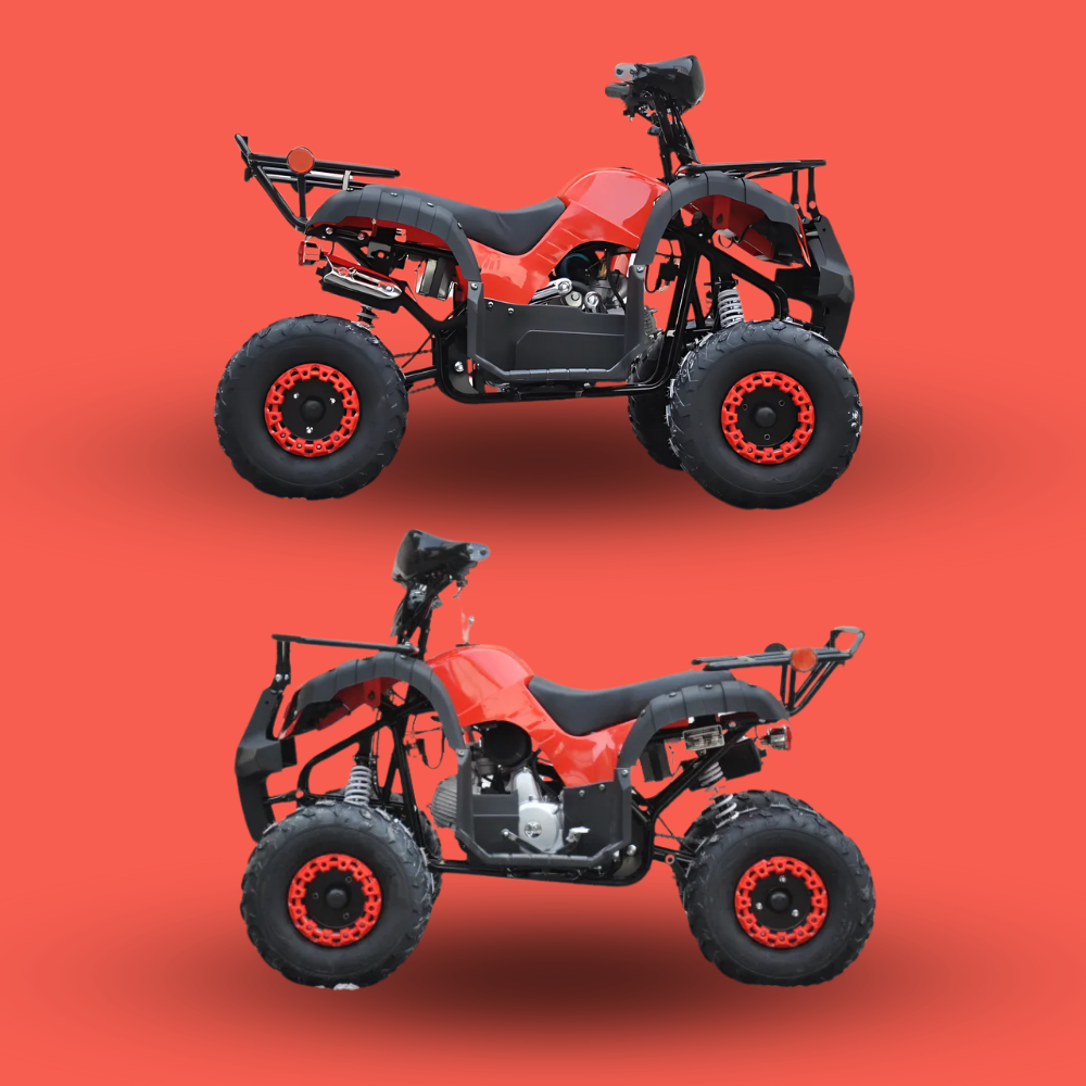 Red quad bike trio view, showing front, side, and angled shots on red background.