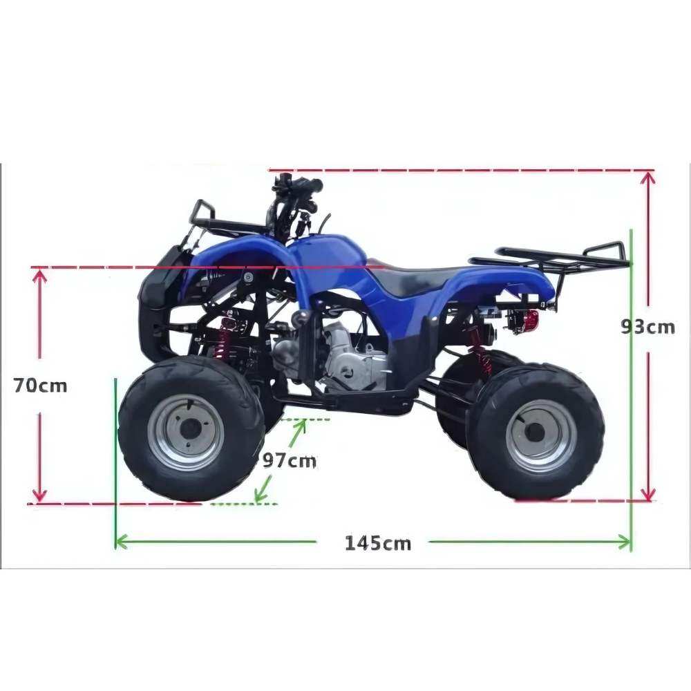 Technical diagram showing quad bike dimensions with height, length, and width measurements.