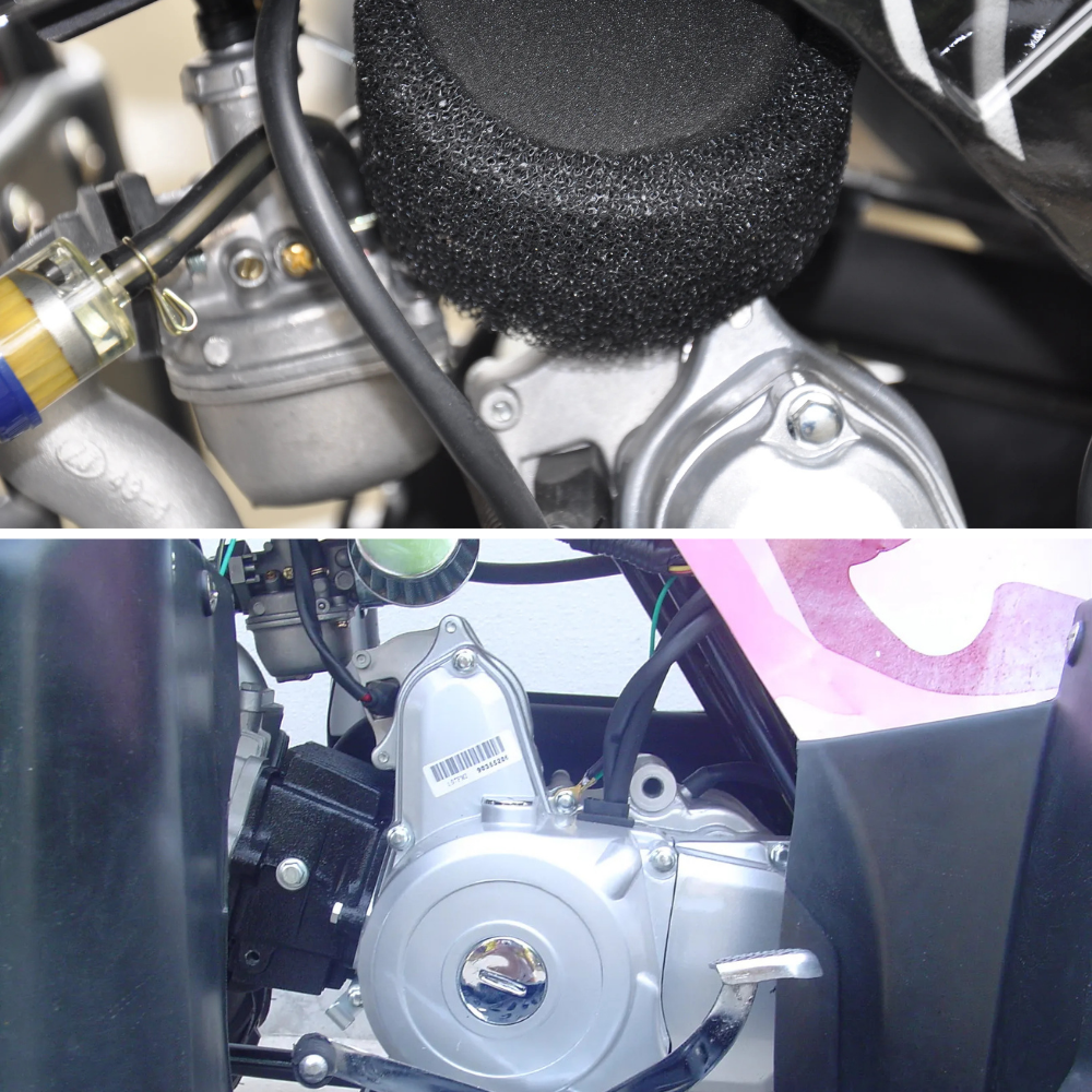 Top-down engine view, highlighting air filter and mechanical parts.