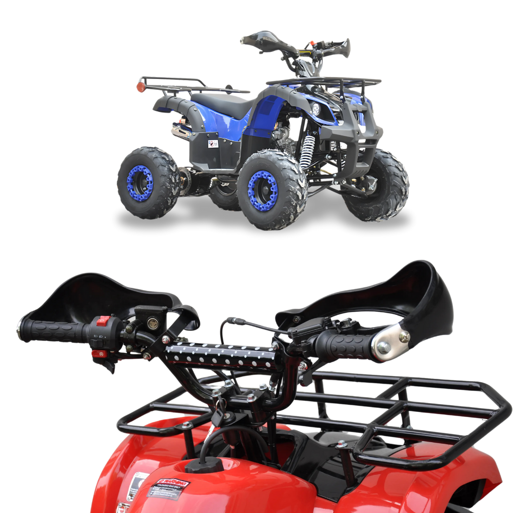 Side profile of blue quad bike, with a white background showing both front and rear angles.