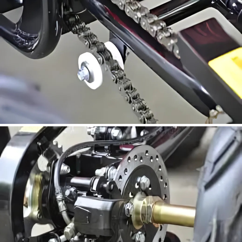 Close-up of red quad’s front rack, showing the support bars and frame detail.