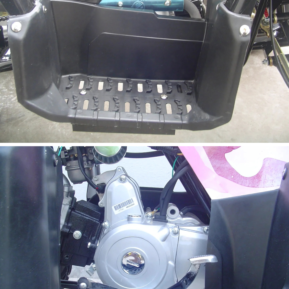 Footwell and pedal area, with metal footrests and protective guard visible.