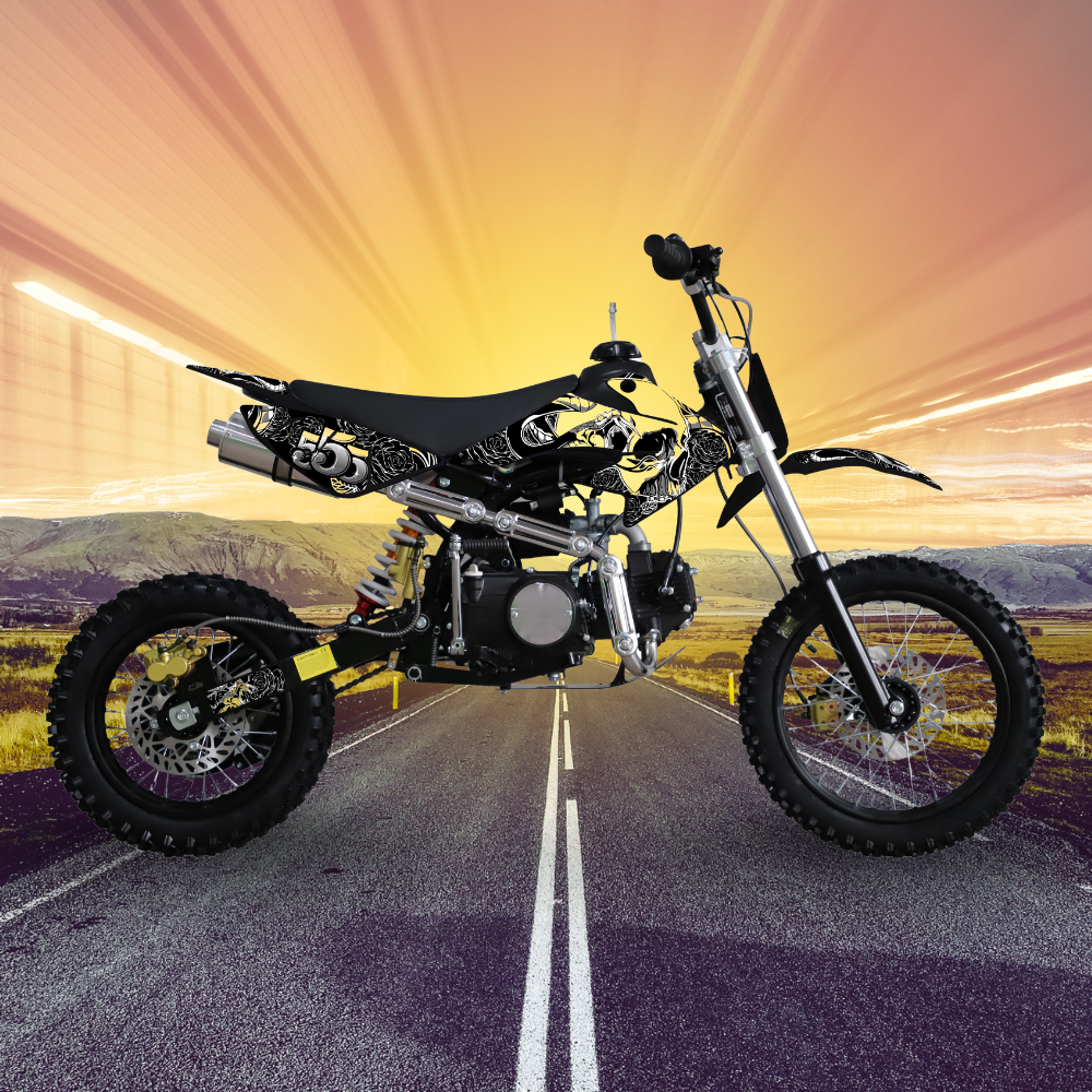 Motorcycle on a road with a colorful sky and landscape in the background