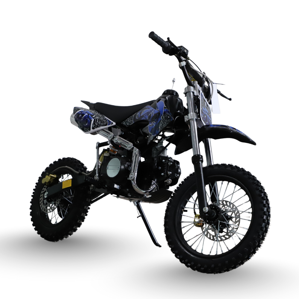 Black and blue dirt bike on a white background