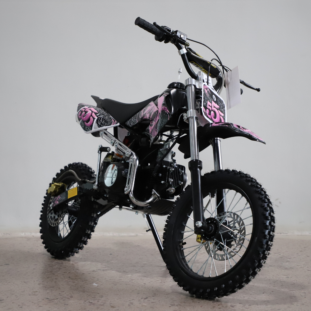 Black and pink dirt bike on a gray background