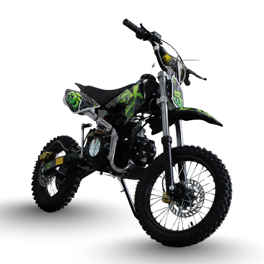 Black and green dirt bike on a white background