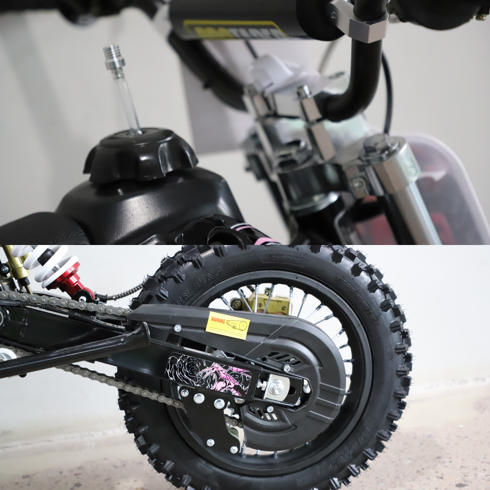 Close-up of a motorcycle's wheel and chain on a light background