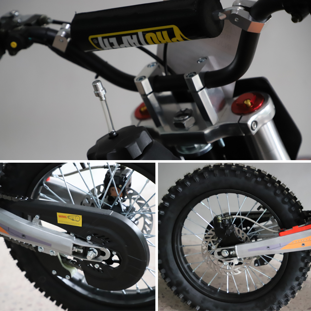 A collage showing close-up details of a dirt bike or motorcycle: the top panel shows the handlebar area with a black foam bar end and silver fork, the left bottom panel shows the rear wheel with chain guard and disc brake, and the right bottom panel shows the front wheel with knobby tire and disc brake.