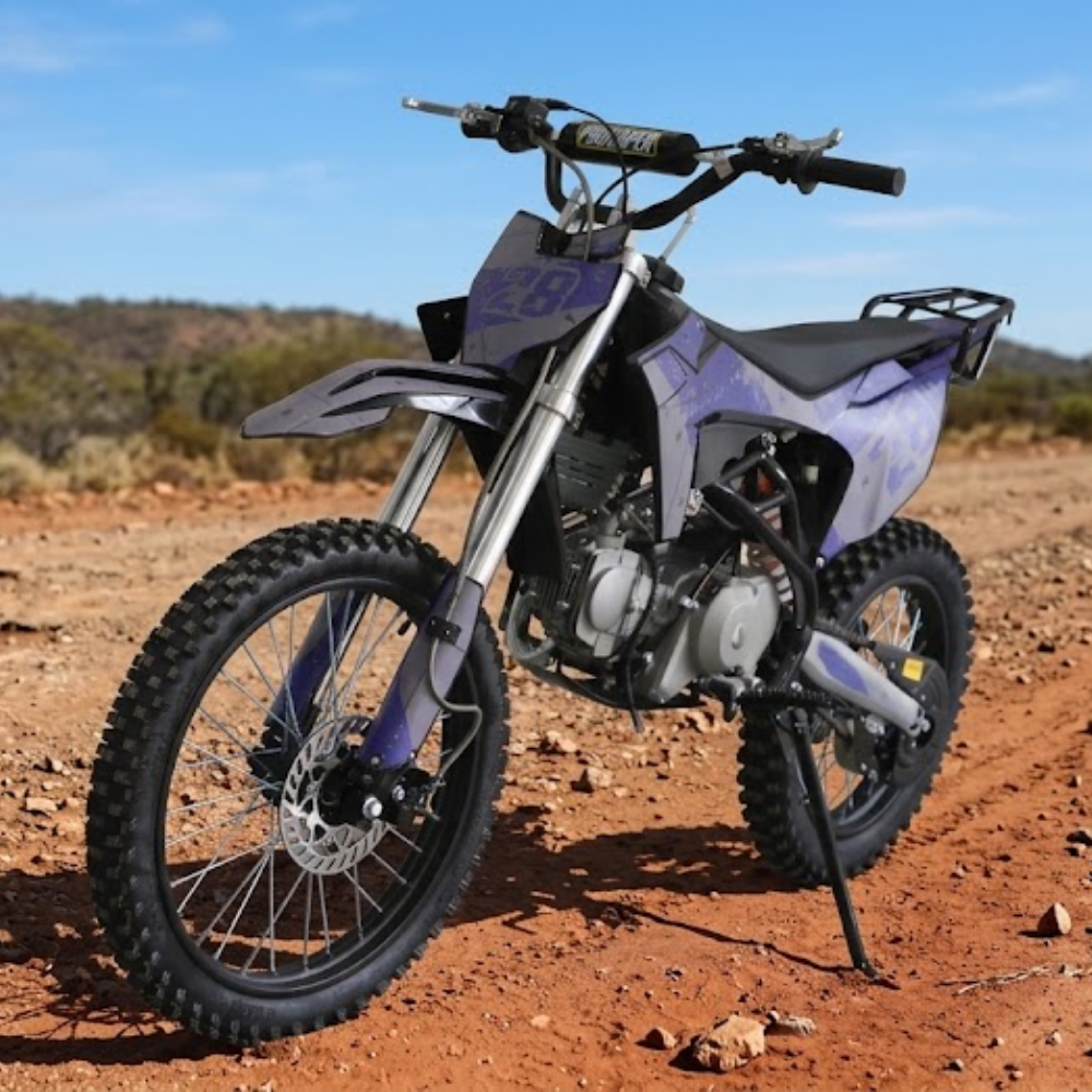 Motoworks 150cc Bigfoot Pro Petrol Powered 4-Stroke Kids Dirt Bike on rough road