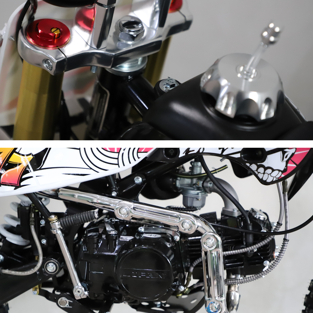 Side view of the dirt bike on a red background, highlighting the wheelbase and seat angle.