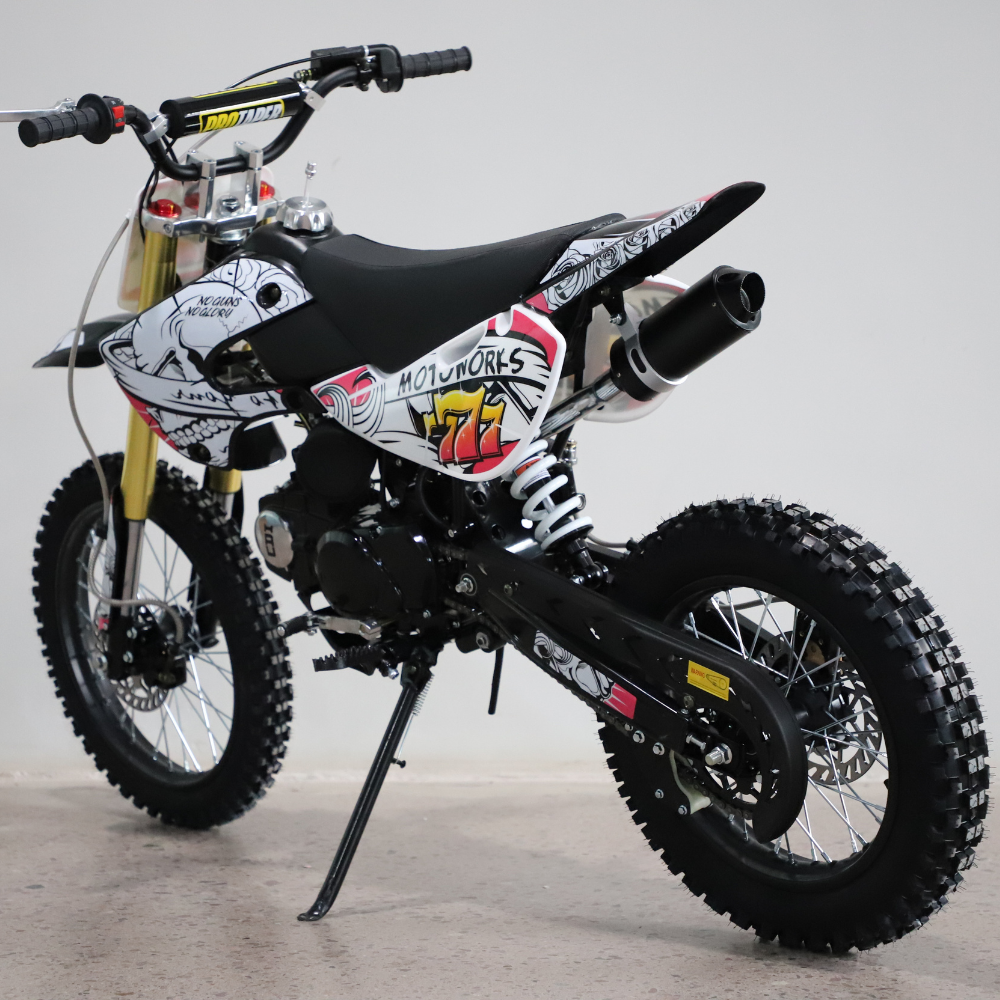 Rear-angled studio shot, showing swingarm, tyre tread, and frame styling.