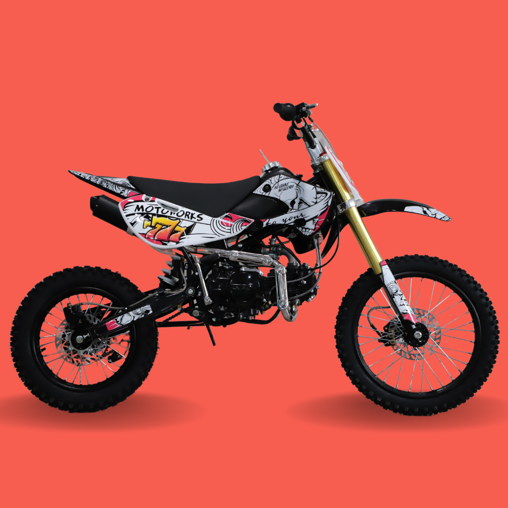 Side view of the dirt bike facing right, showing full body and front wheel alignment.