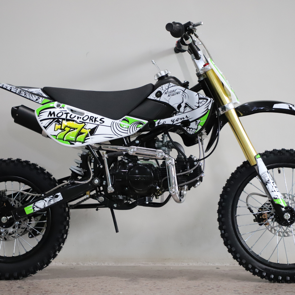 Three-quarter front view of the bike, highlighting the aggressive front fender and handlebars.