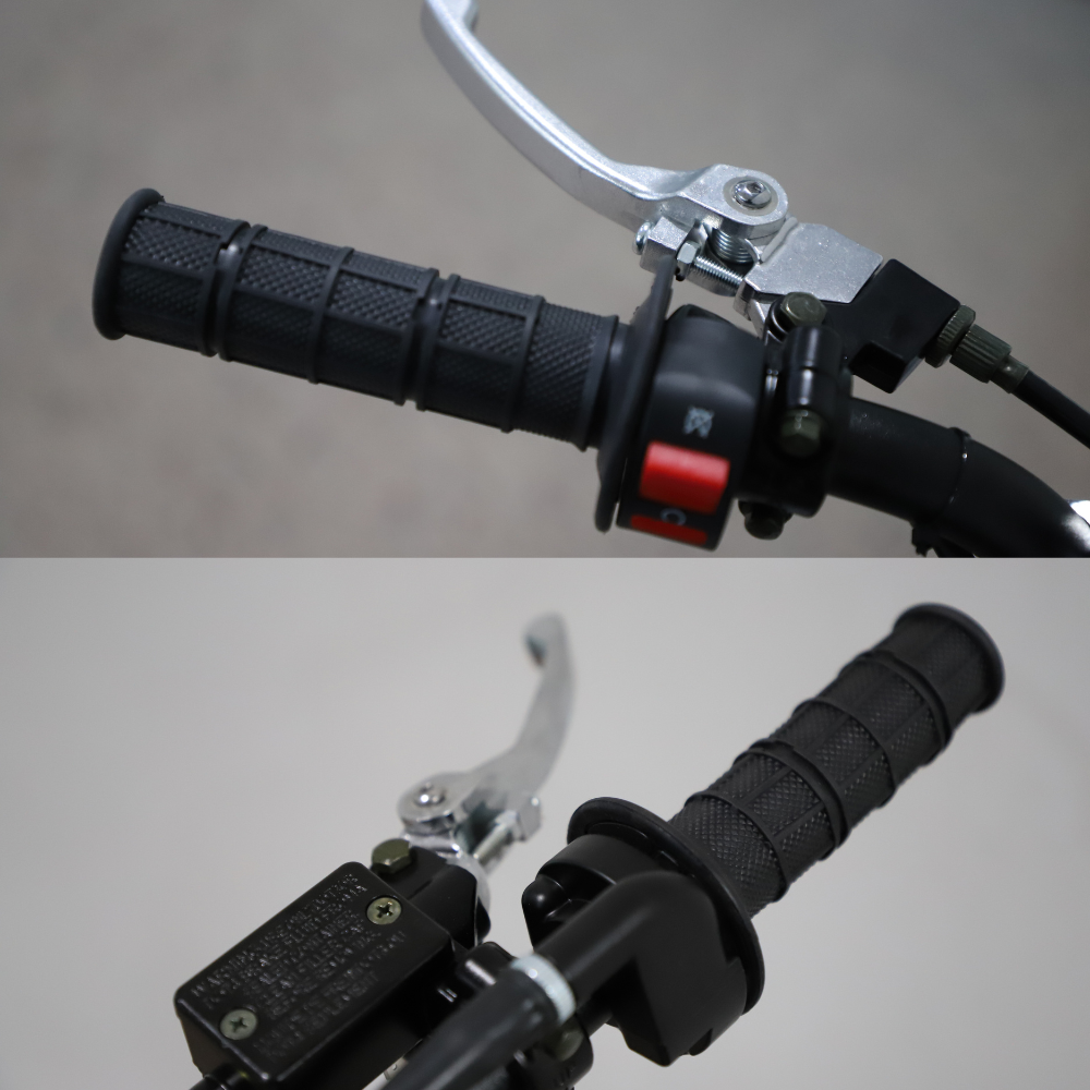 Throttle and grip close-up, showing textured handle and red kill switch.