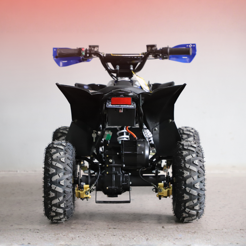 Back view of a black ATV with large tires on a light background