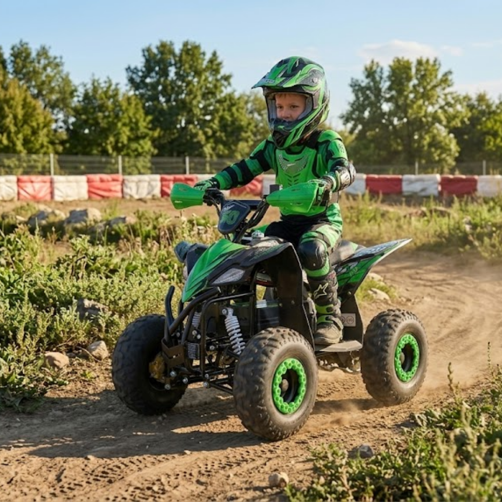 Child riding a green ATV on a dirt path with trees in the background