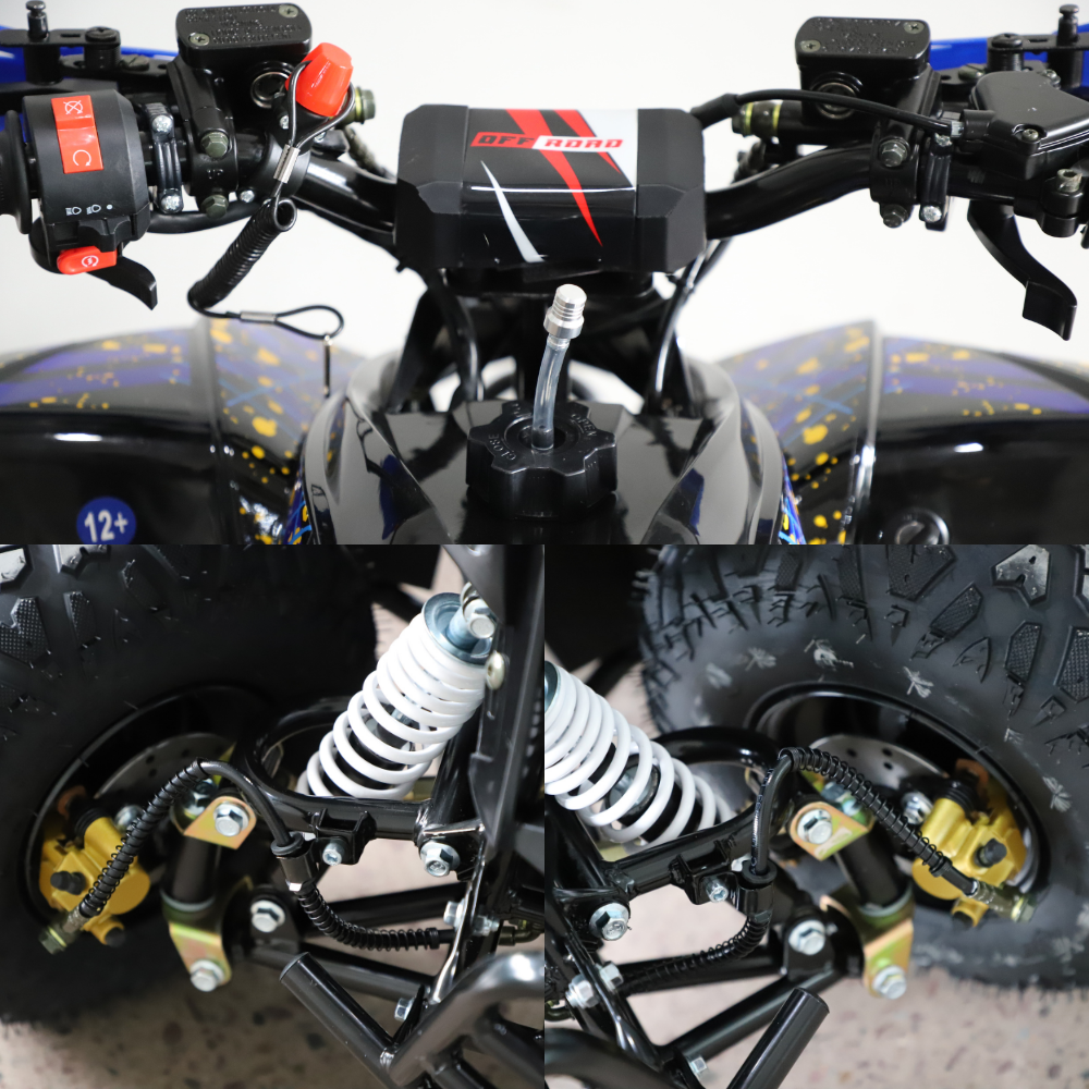 Close-up front view of a black quad bike or ATV with visible handlebars, front suspension springs, wheels, and decals on the fenders against a plain light background.