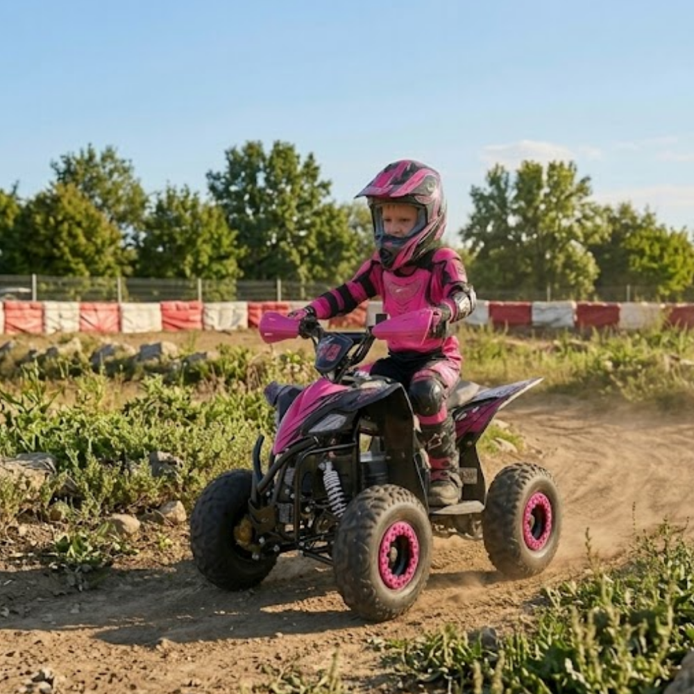 Child riding a pink ATV on a dirt track with trees in the background