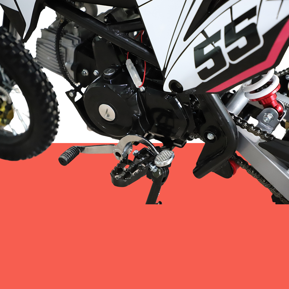 A close-up of the engine and gear assembly, highlighting mechanical details and part of the frame.